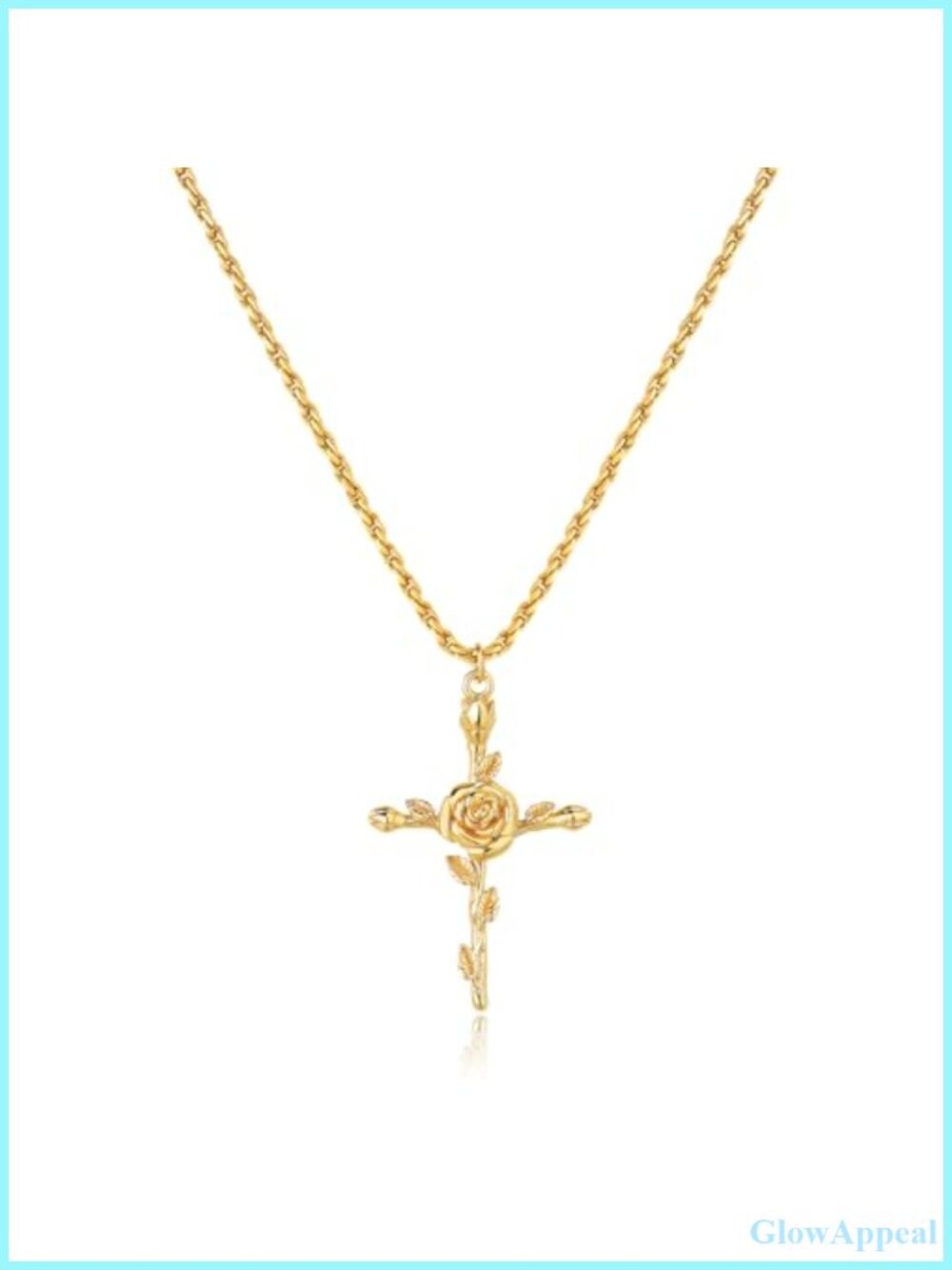 14K Gold Plated Brass Rose Cross Pendant Necklace for Women